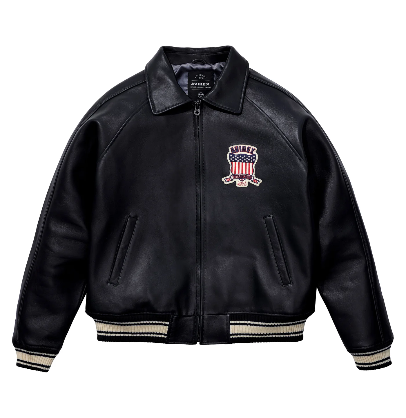 Mens-Avirex-Jet-Black-Icon-Bomber-Leather-Jacket-front.webp