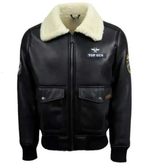 Jared Top Gun Shearling Fur B3 Black Leather Jacket Men