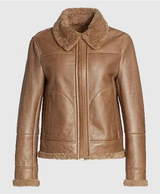 Monica Shearling Fur Lined Brown Leather Jacket for Women